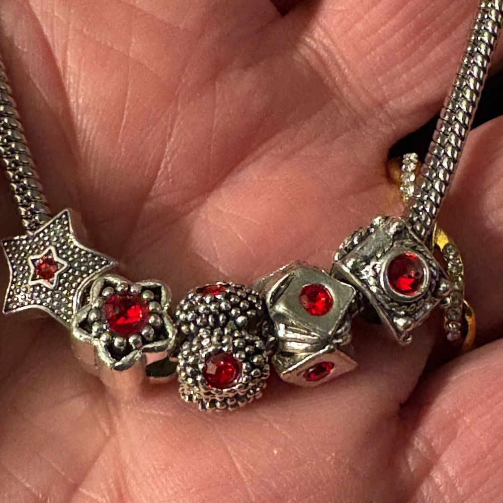 Charms- for bracelet (5) Silver Tone Red Ruby like stones nwt